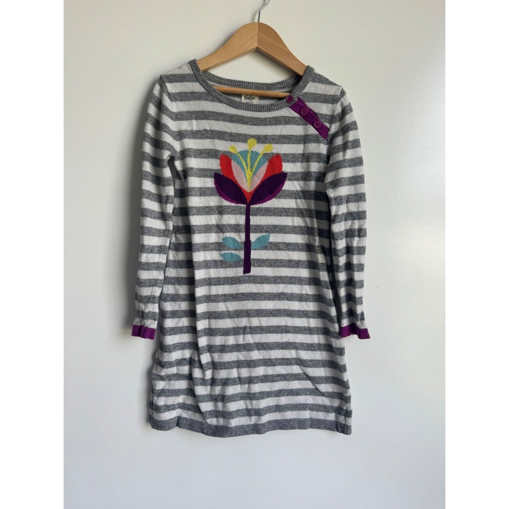 Mini Boden Girls Gray Striped Flower Sweater Dress Cashmere Cotton 7 8 Whimsical